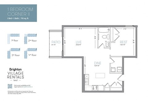 Floor plan for 1 bed, 1 bath, 731 sqft